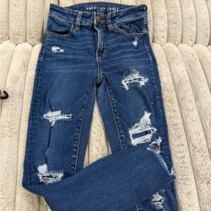 American Eagle Outfitters Women's Dark Blue Ripped Skinny Jeans